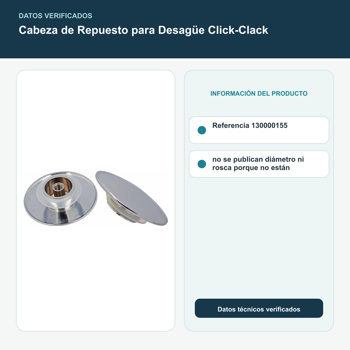 Cabeza de Repuesto para Desagüe Click-Clack - Referencia 130000155; no se publican diámetro ni rosca porque no están documentados