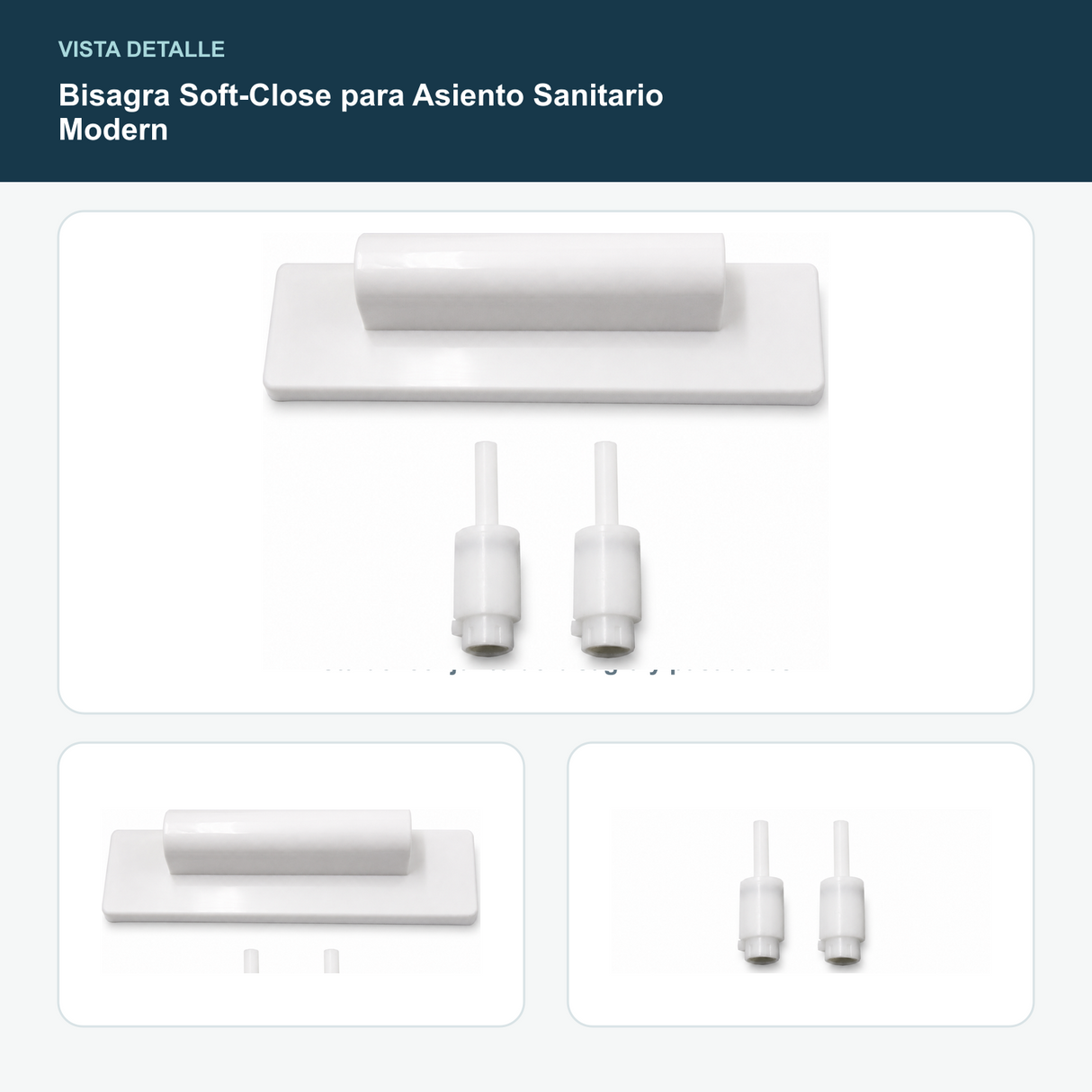 Bisagra Soft-Close para Asiento Sanitario Modern - Vista del conjunto de bisagra y pasadores