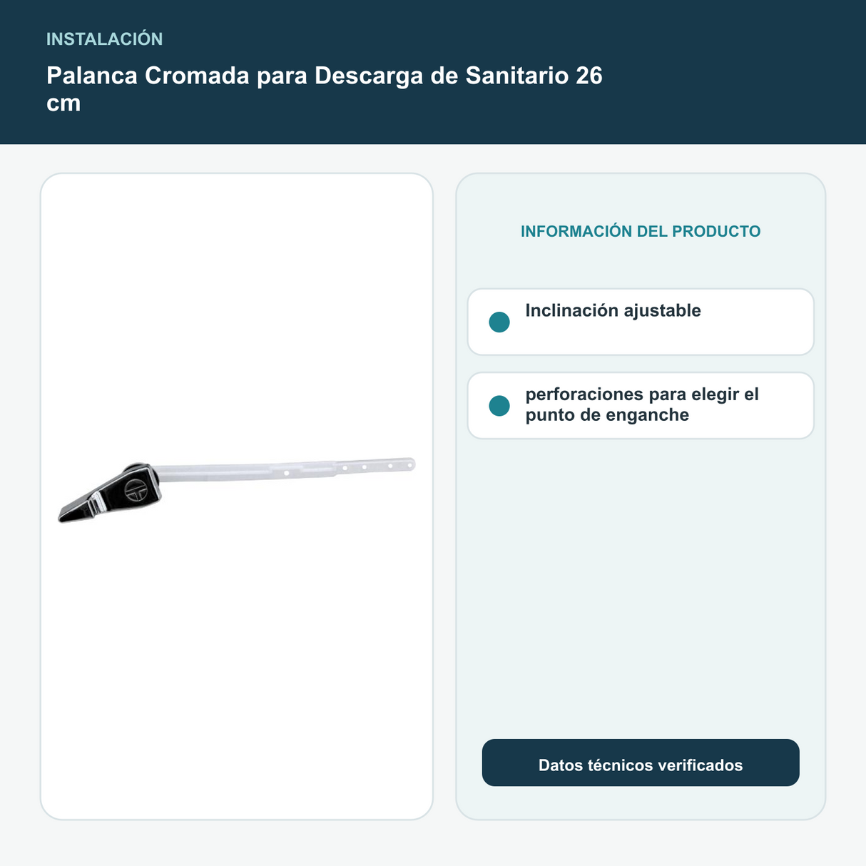Palanca Cromada para Descarga de Sanitario 26 cm - Inclinación ajustable y perforaciones para elegir el punto de enganche