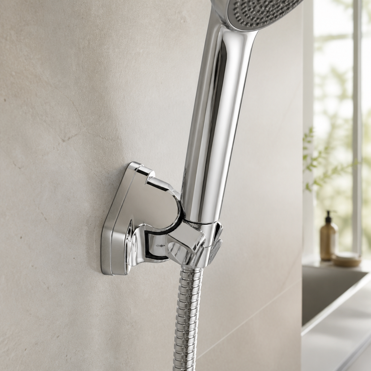 Soporte de Pared para Teleducha Swertt Cromado - Soporte cromado instalado y sosteniendo una teleducha, producto protagonista