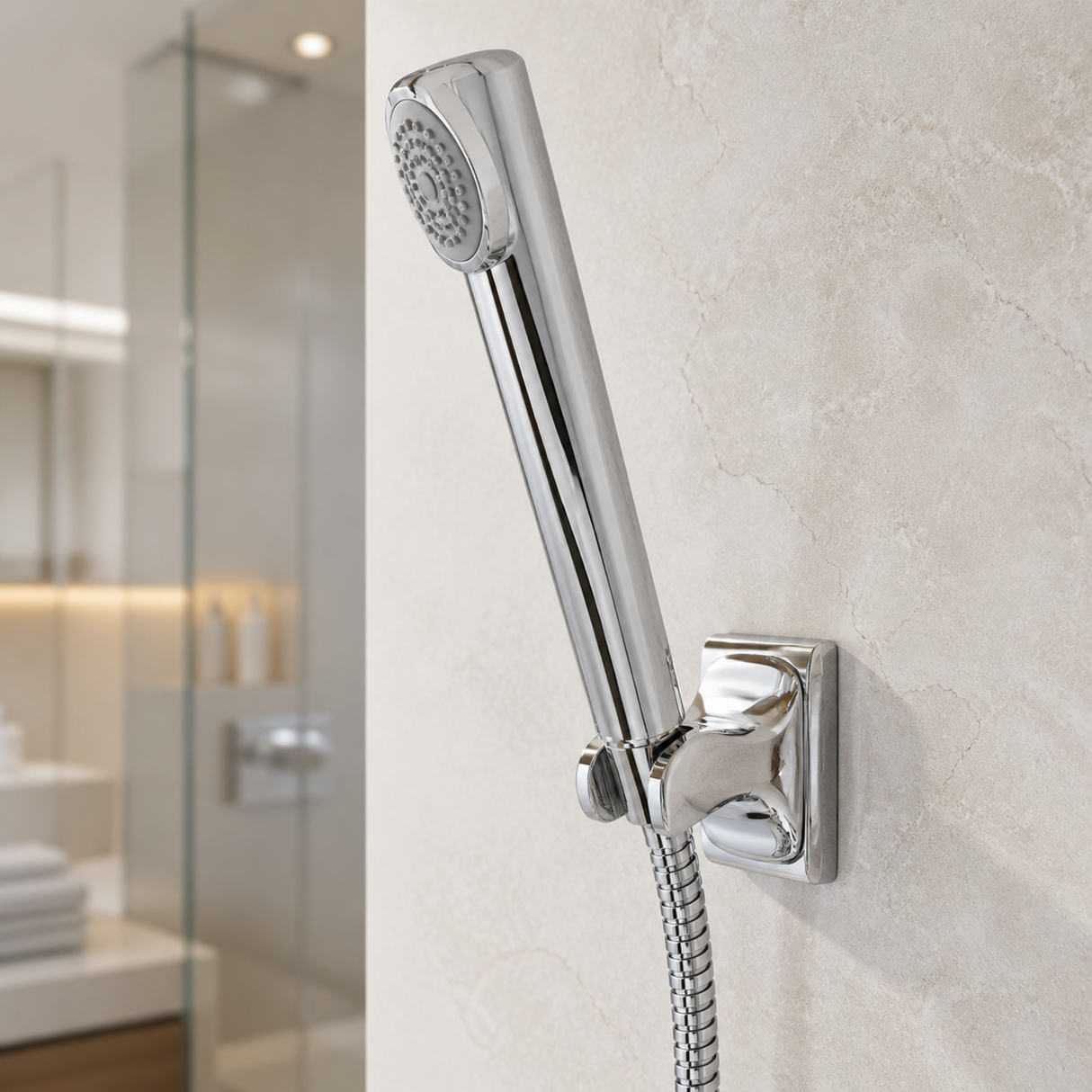 Soporte de Pared para Teleducha Swertt Cromado - Mismo tipo de soporte instalado desde otra perspectiva clara