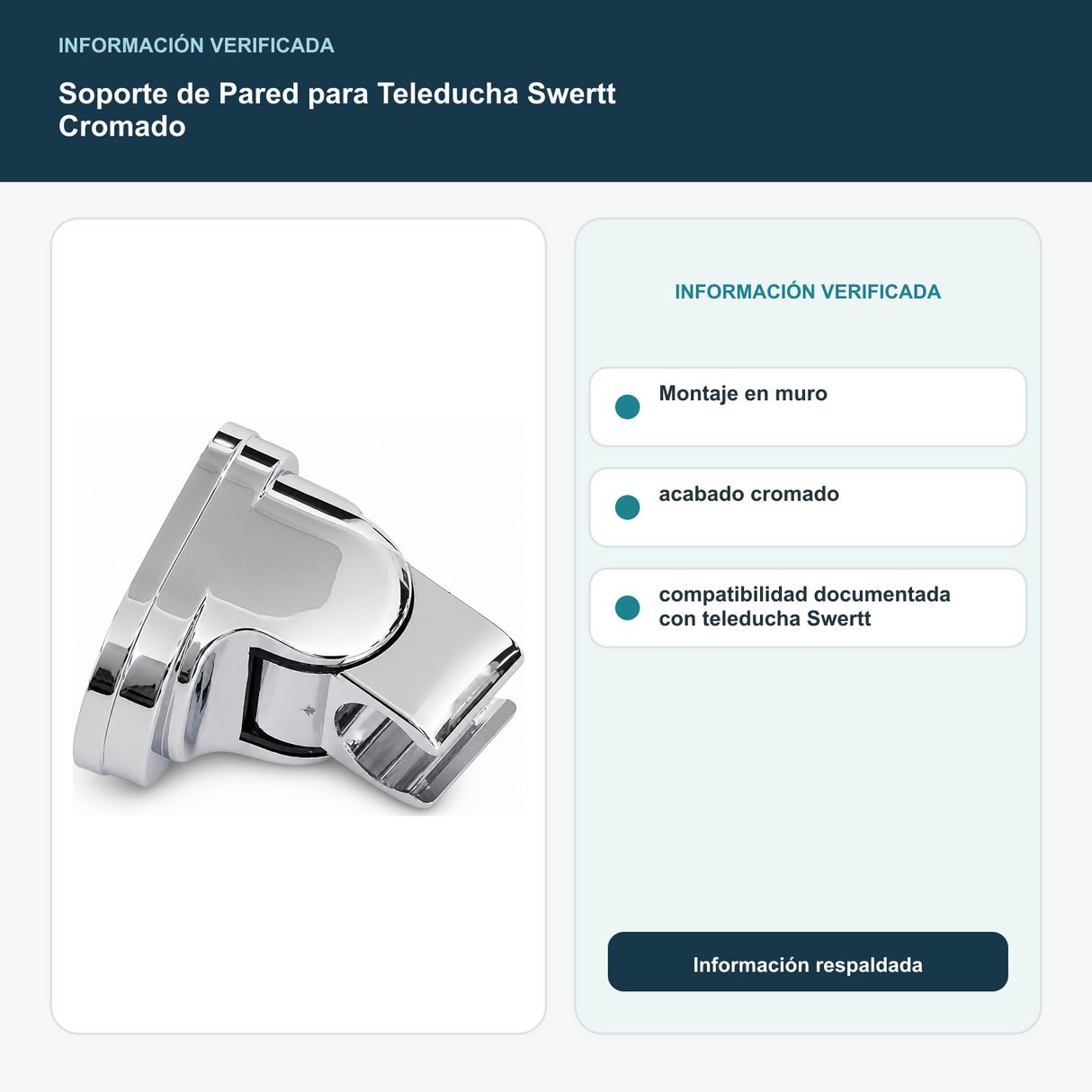 Soporte de Pared para Teleducha Swertt Cromado - Montaje en muro, acabado cromado y compatibilidad documentada con teleducha Swertt