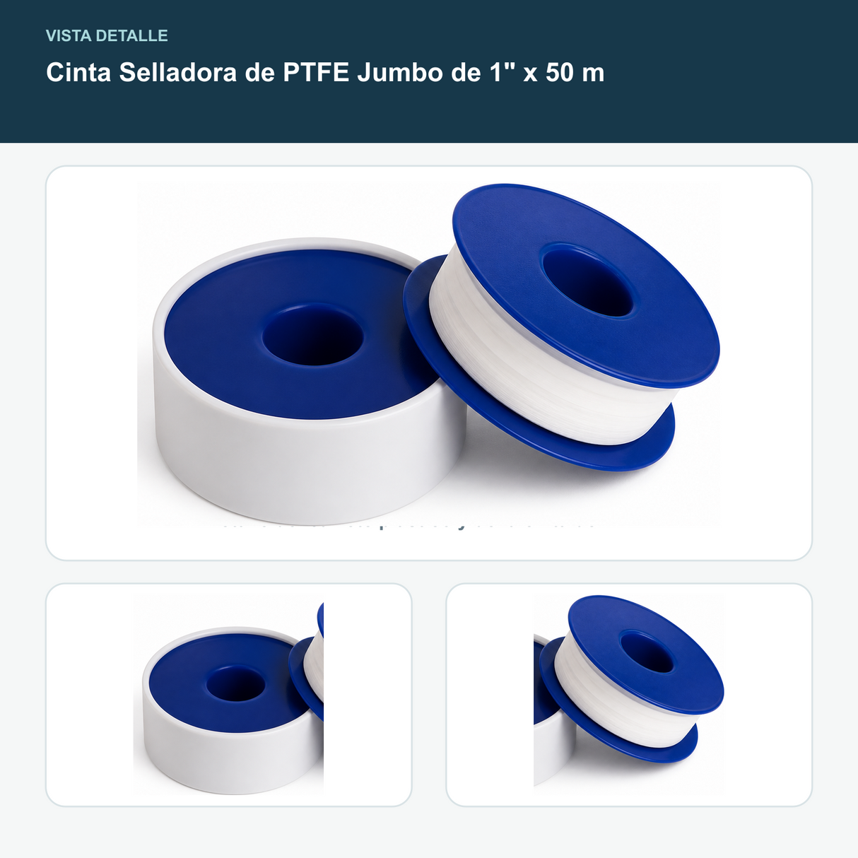 Cinta Selladora de PTFE Jumbo de 1" x 50 m - Detalle del carrete plástico y de la cinta de PTFE