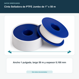 Cinta Selladora de PTFE Jumbo de 1" x 50 m - Ancho 1 pulgada, largo 50 m y espesor 0,100 mm