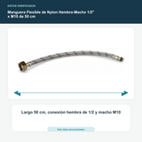 Manguera Flexible de Nylon Hembra-Macho 1/2" x M10 de 50 cm - Largo 50 cm, conexión hembra de 1/2 y macho M10