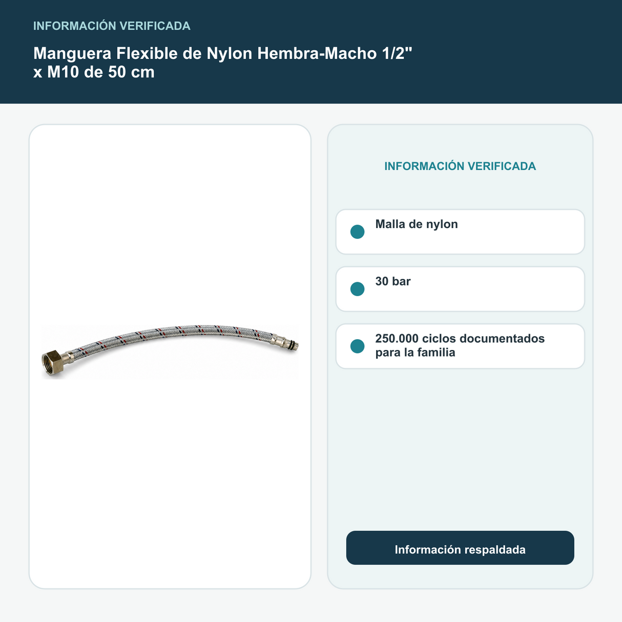Manguera Flexible de Nylon Hembra-Macho 1/2" x M10 de 50 cm - Malla de nylon, 30 bar y 250.000 ciclos documentados para la familia