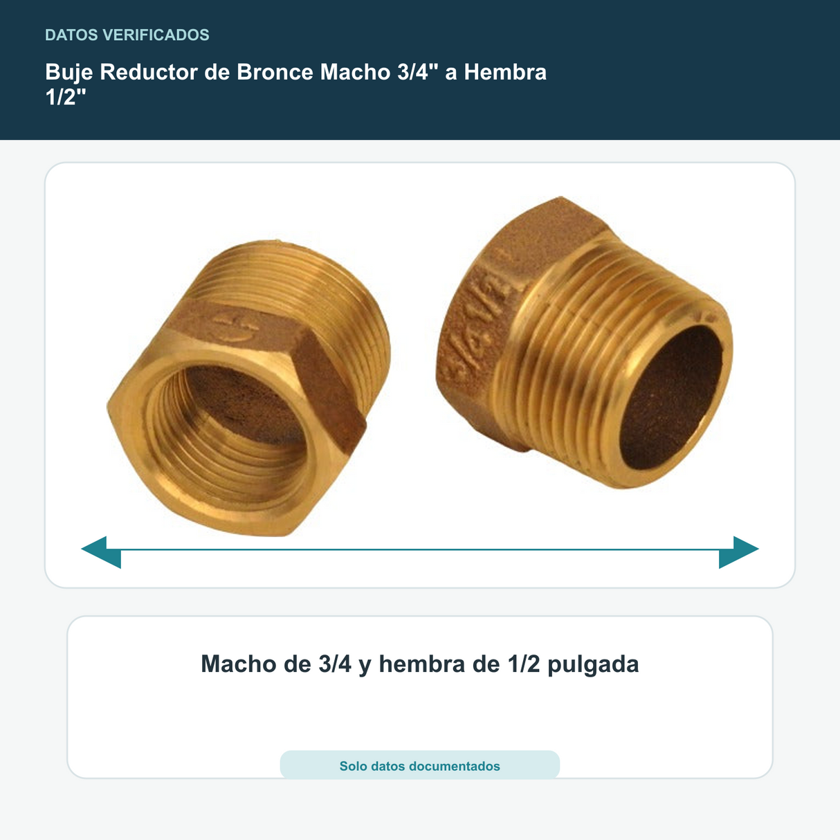 Buje Reductor de Bronce Macho 3/4" a Hembra 1/2" - Macho de 3/4 y hembra de 1/2 pulgada