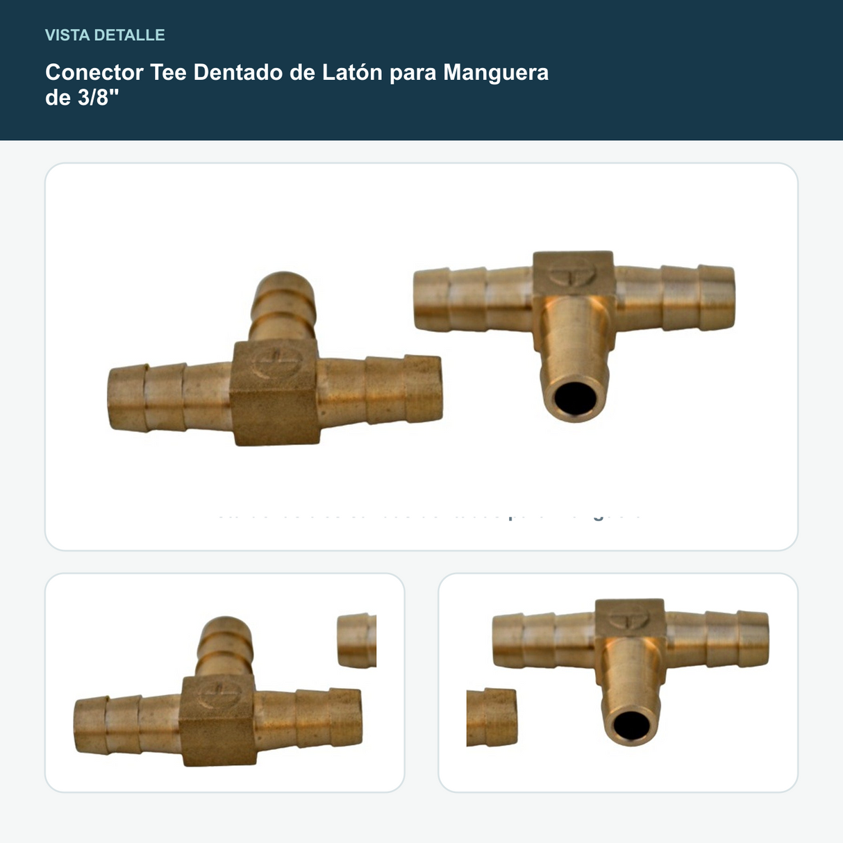Conector Tee Dentado de Latón para Manguera de 3/8" - Vista de las tres salidas dentadas para manguera