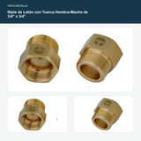 Niple de Latón con Tuerca Hembra-Macho de 3/4" x 3/4" - Detalle de la conexión hembra, la tuerca y la rosca macho