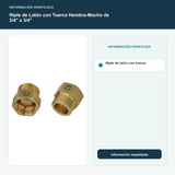 Niple de Latón con Tuerca Hembra-Macho de 3/4" x 3/4" - Niple de latón con tuerca