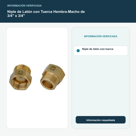 Niple de Latón con Tuerca Hembra-Macho de 3/4" x 3/4"
