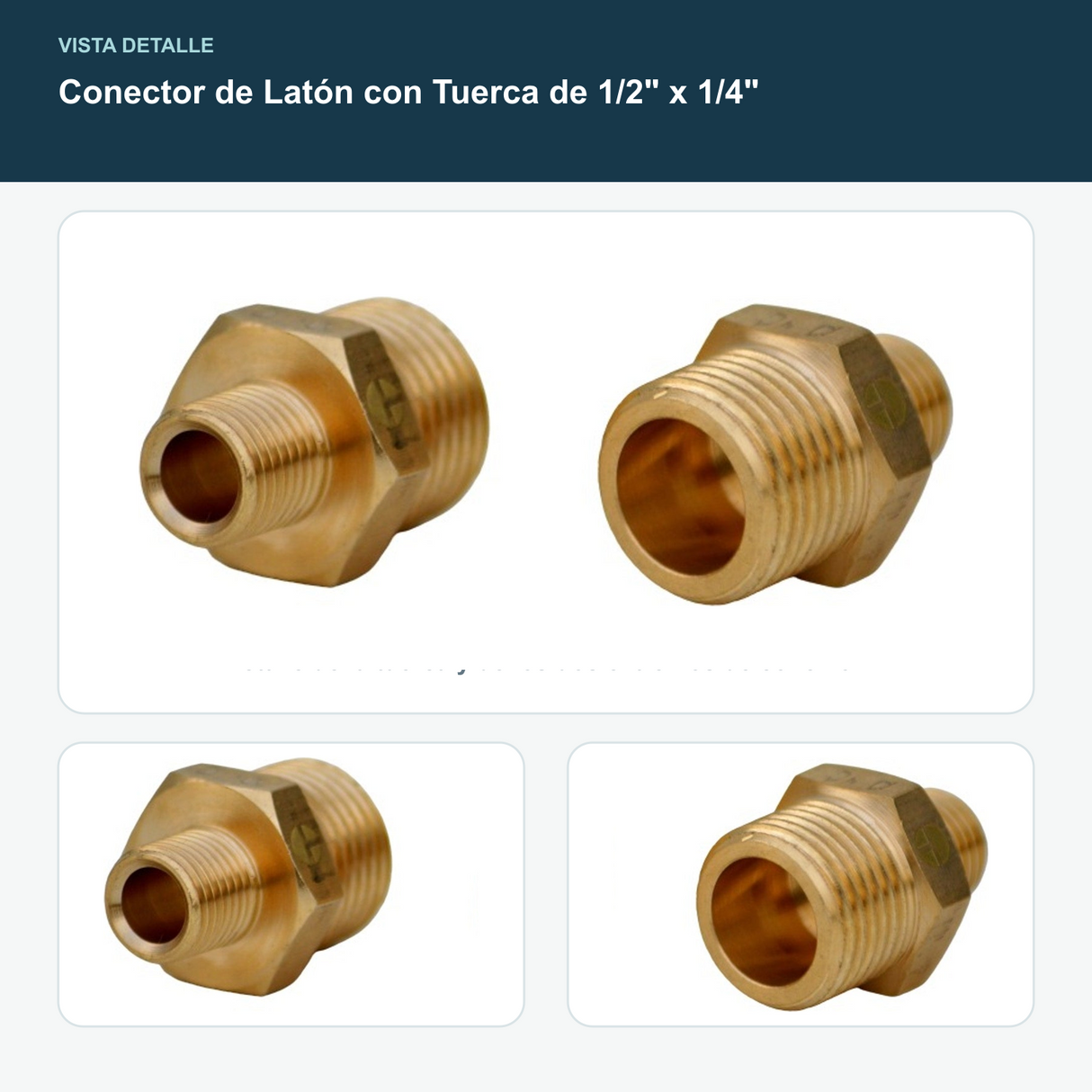 Conector de Latón con Tuerca de 1/2" x 1/4" - Detalle de la tuerca y de los dos extremos de conexión