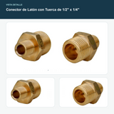 Conector de Latón con Tuerca de 1/2" x 1/4" - Detalle de la tuerca y de los dos extremos de conexión