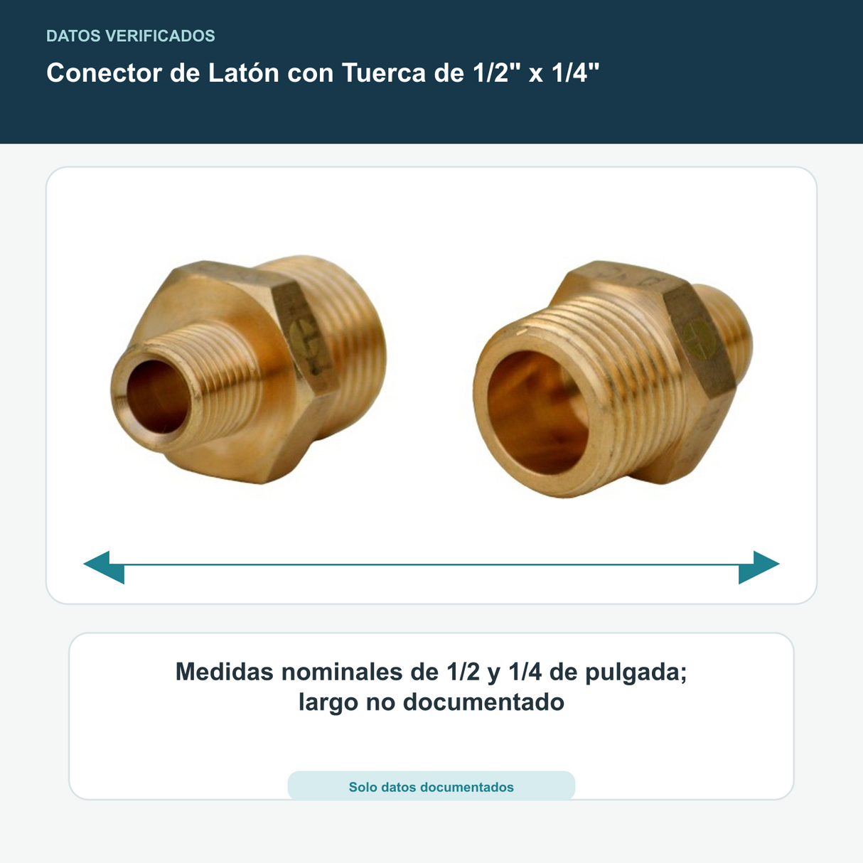 Conector de Latón con Tuerca de 1/2" x 1/4" - Medidas nominales de 1/2 y 1/4 de pulgada; largo no documentado