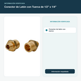 Conector de Latón con Tuerca de 1/2" x 1/4" - Conector de latón con tuerca