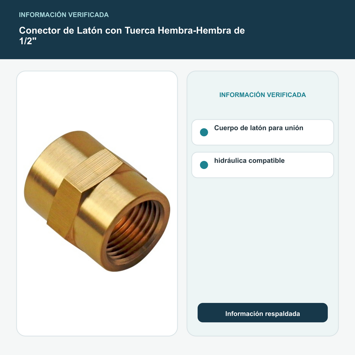 Conector de Latón con Tuerca Hembra-Hembra de 1/2" - Cuerpo de latón para unión hidráulica compatible