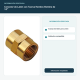 Conector de Latón con Tuerca Hembra-Hembra de 1/2" - Cuerpo de latón para unión hidráulica compatible