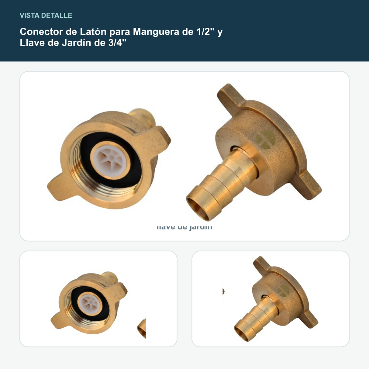 Conector de Latón para Manguera de 1/2" y Llave de Jardín de 3/4" - Detalle de la conexión para manguera y la conexión para llave de jardín