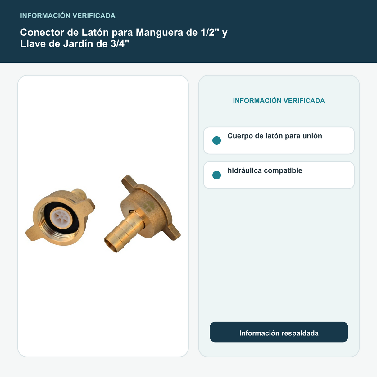 Conector de Latón para Manguera de 1/2" y Llave de Jardín de 3/4" - Cuerpo de latón para unión hidráulica compatible