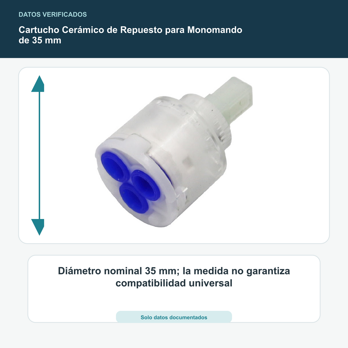 Cartucho Cerámico de Repuesto para Monomando de 35 mm - Diámetro nominal 35 mm; la medida no garantiza compatibilidad universal