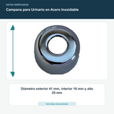 Campana para Urinario en Acero Inoxidable - Diámetro exterior 41 mm, interior 16 mm y alto 25 mm