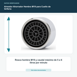 Aireador Ahorrador Hembra M19 para Cuello de Grifería - Rosca hembra M19 y caudal máximo de 5 a 6 litros por minuto