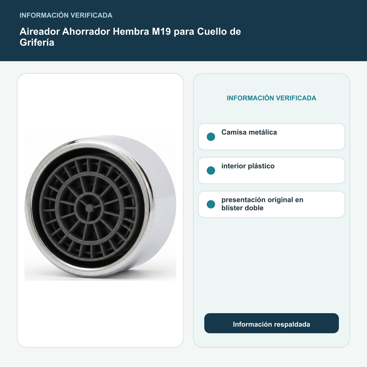Aireador Ahorrador Hembra M19 para Cuello de Grifería - Camisa metálica, interior plástico y presentación original en blíster doble