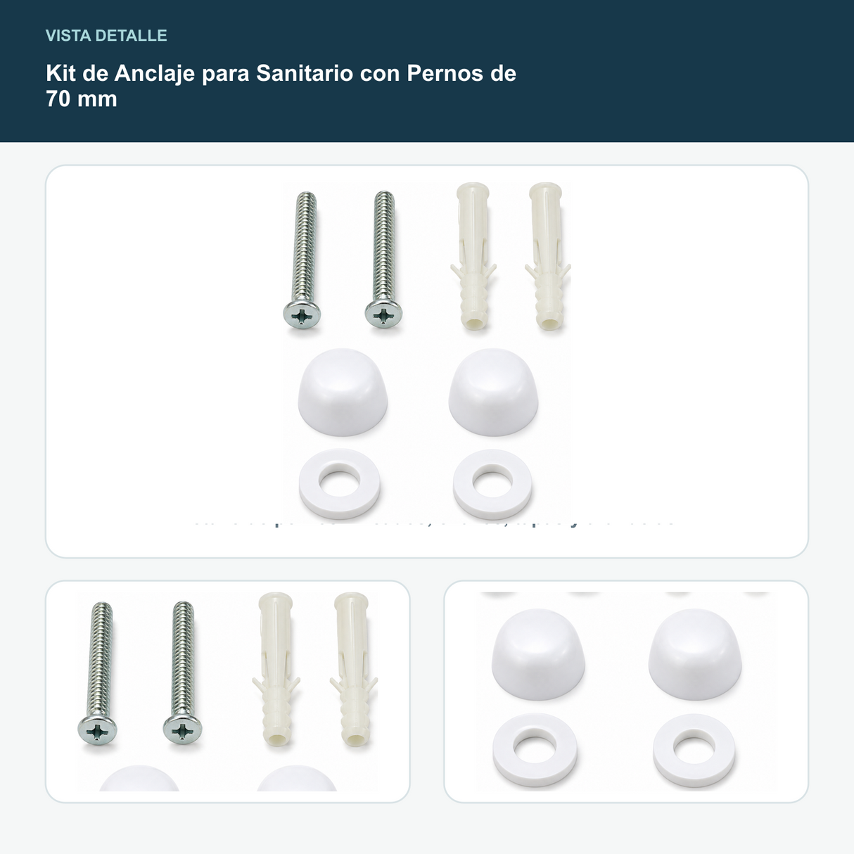 Kit de Anclaje para Sanitario con Pernos de 70 mm - Detalle de pernos zincados, chazos, tapas y arandelas