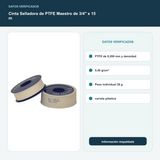 Cinta Selladora de PTFE Maestro de 3/4" x 15 m - PTFE de 0,200 mm y densidad 0,40 g/cm³. Peso individual 38 g; carrete plástico