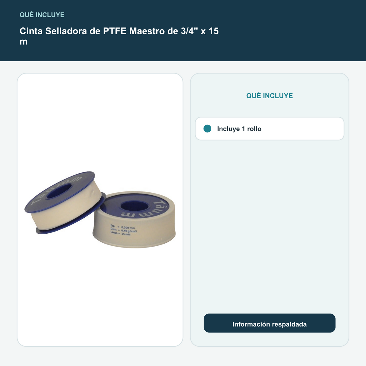 Cinta Selladora de PTFE Maestro de 3/4" x 15 m - Incluye 1 rollo