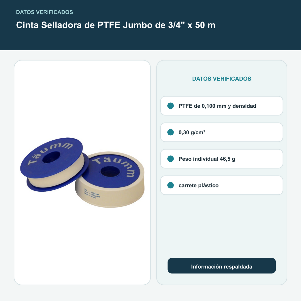 Cinta Selladora de PTFE Jumbo de 3/4" x 50 m - PTFE de 0,100 mm y densidad 0,30 g/cm³. Peso individual 46,5 g; carrete plástico