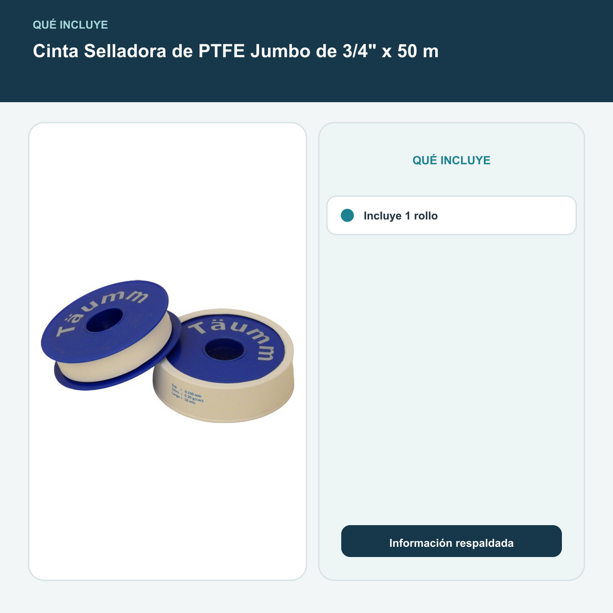 Cinta Selladora de PTFE Jumbo de 3/4" x 50 m - Incluye 1 rollo