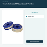 Cinta Selladora de PTFE Jumbo de 3/4" x 50 m - Incluye 1 rollo