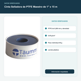 Cinta Selladora de PTFE Maestro de 1" x 15 m - PTFE de 0,200 mm y densidad 0,40 g/cm³. Peso individual 48 g; carrete plástico