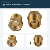 Buje Reductor de Latón Macho 1/2" a Hembra 3/8" - Rosca macho 1/2" y rosca hembra 3/8"