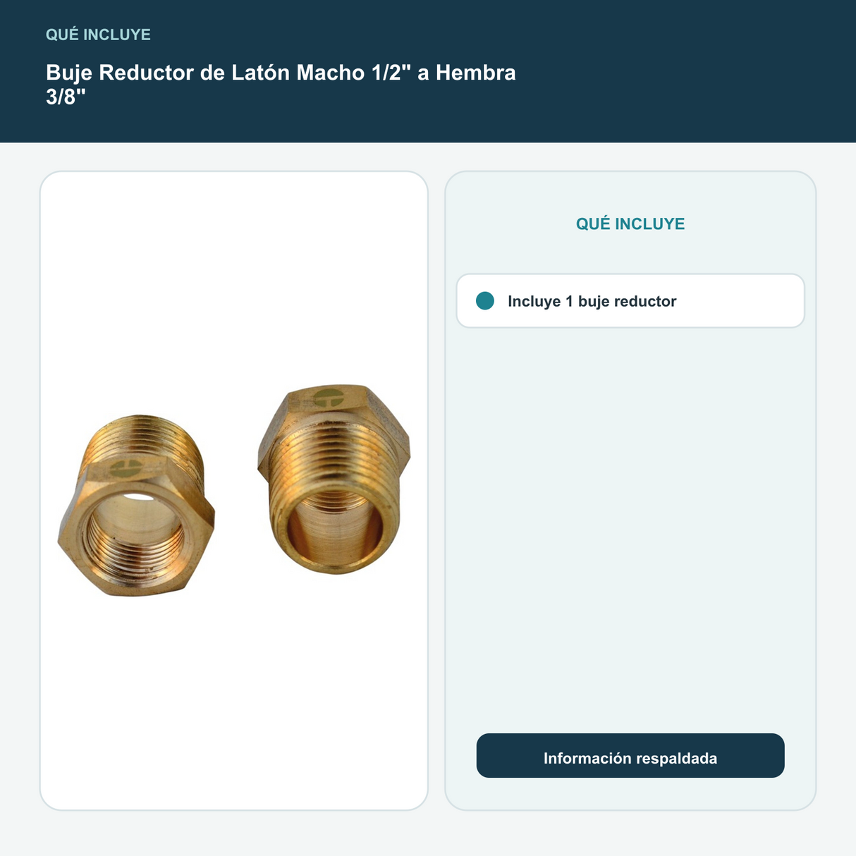 Buje Reductor de Latón Macho 1/2" a Hembra 3/8" - Incluye 1 buje reductor
