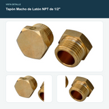 Tapón Macho de Latón NPT de 1/2" - Tapón macho NPT de 1/2"