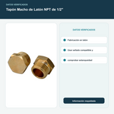 Tapón Macho de Latón NPT de 1/2" - Fabricación en latón. Usar sellado compatible y comprobar estanqueidad