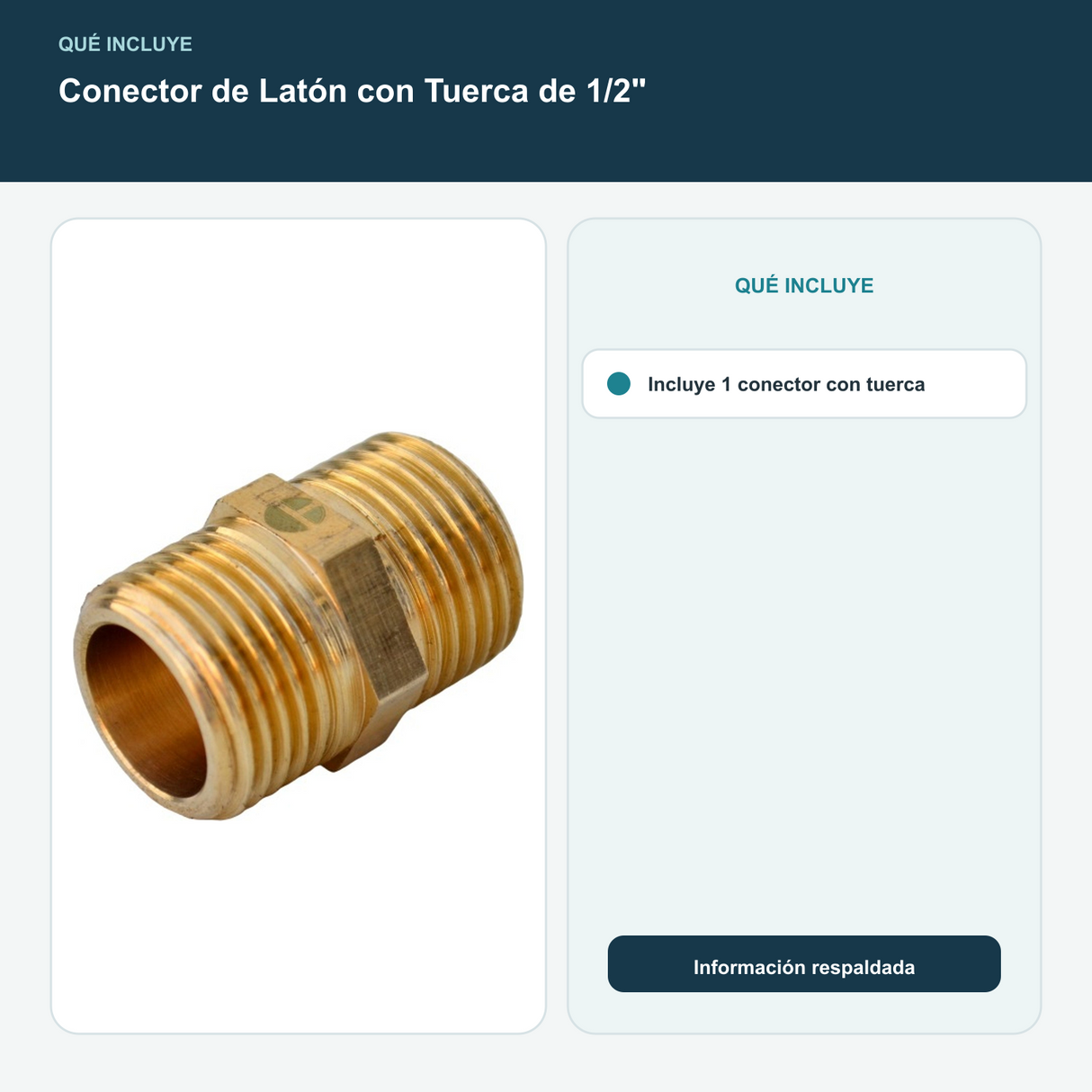 Conector de Latón con Tuerca de 1/2" - Incluye 1 conector con tuerca