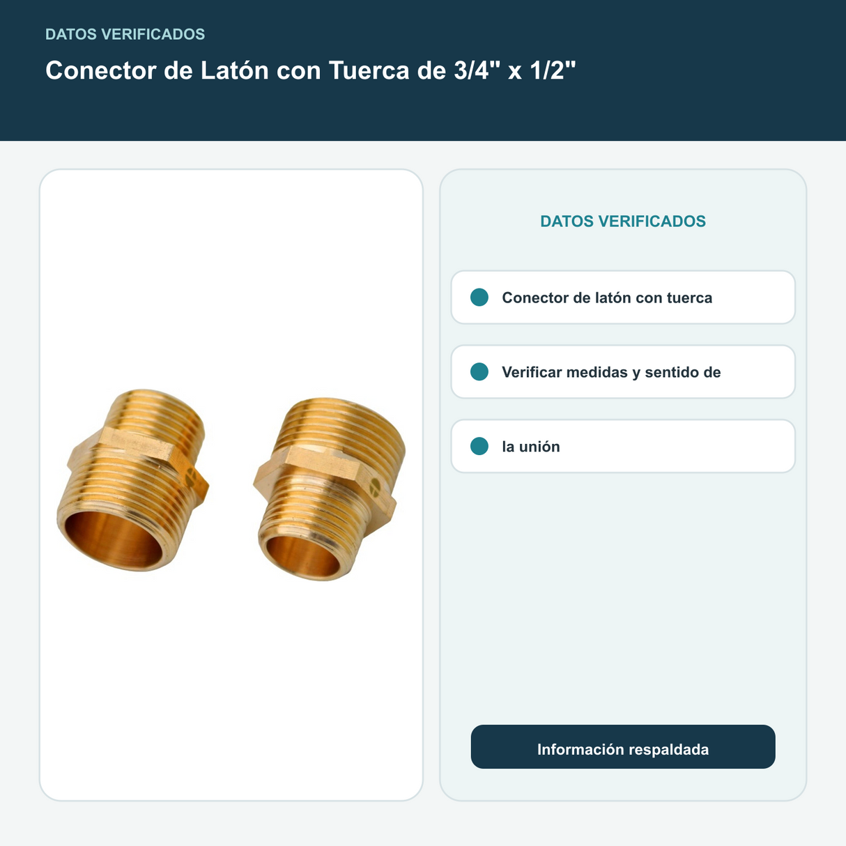 Conector de Latón con Tuerca de 3/4" x 1/2" - Conector de latón con tuerca. Verificar medidas y sentido de la unión
