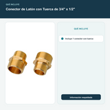 Conector de Latón con Tuerca de 3/4" x 1/2" - Incluye 1 conector con tuerca