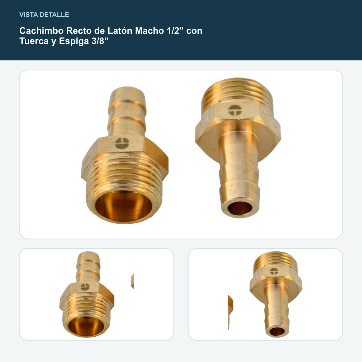 Cachimbo Recto de Latón Macho 1/2" con Tuerca y Espiga 3/8" - Rosca macho 1/2" y espiga 3/8" con tuerca