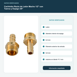 Cachimbo Recto de Latón Macho 1/2" con Tuerca y Espiga 3/8" - Latón; diámetro interior de espiga 6,5 mm. Diámetro exterior de entrada 9,9 mm; máximo en diente 11,1 mm