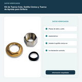 Kit de Tuerca Cola, Golilla Cónica y Tuerca de Apriete para Grifería - Piezas de latón y sello elastomérico. Instalar la golilla cónica en la orientación correcta