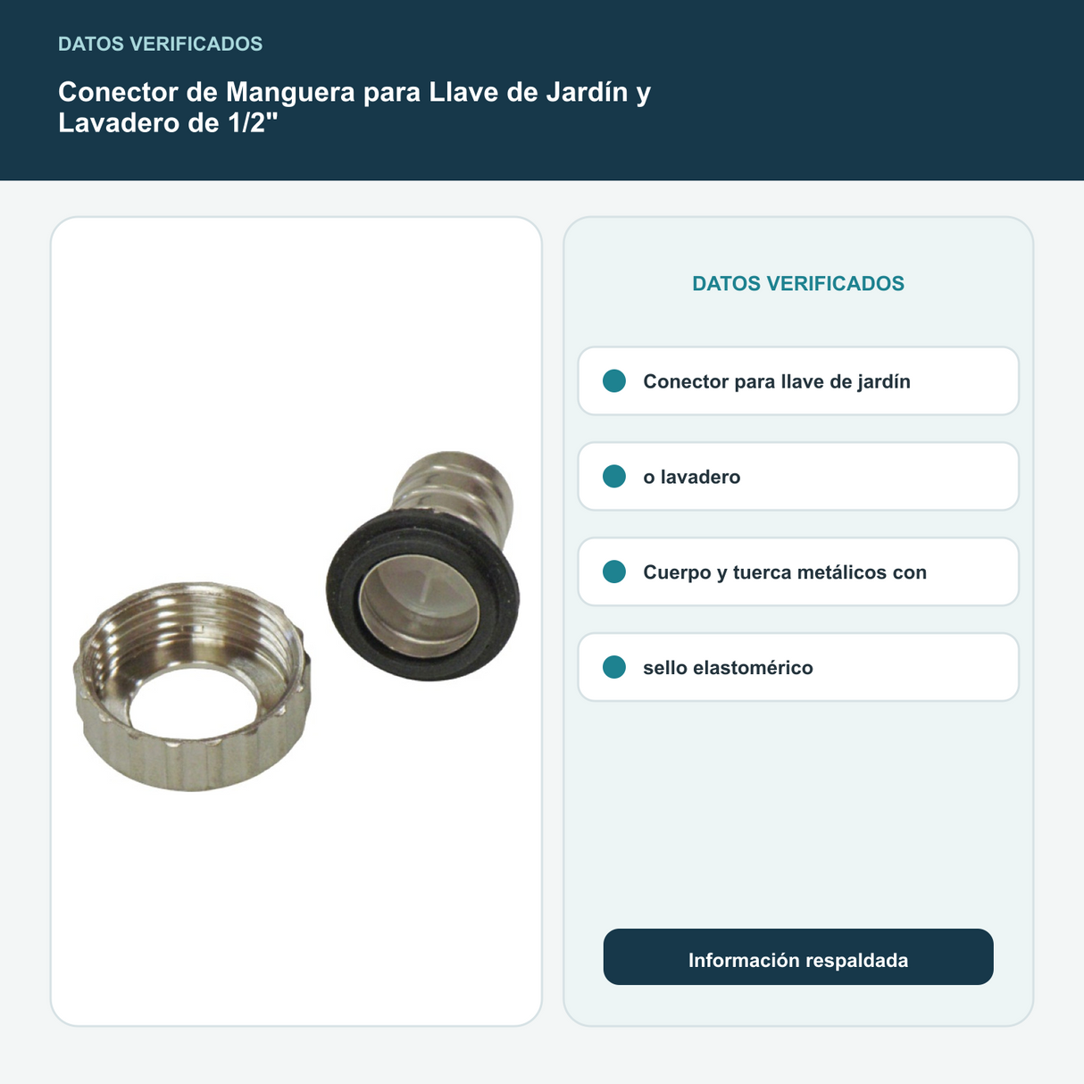 Conector de Manguera para Llave de Jardín y Lavadero de 1/2" - Conector para llave de jardín o lavadero. Cuerpo y tuerca metálicos con sello elastomérico