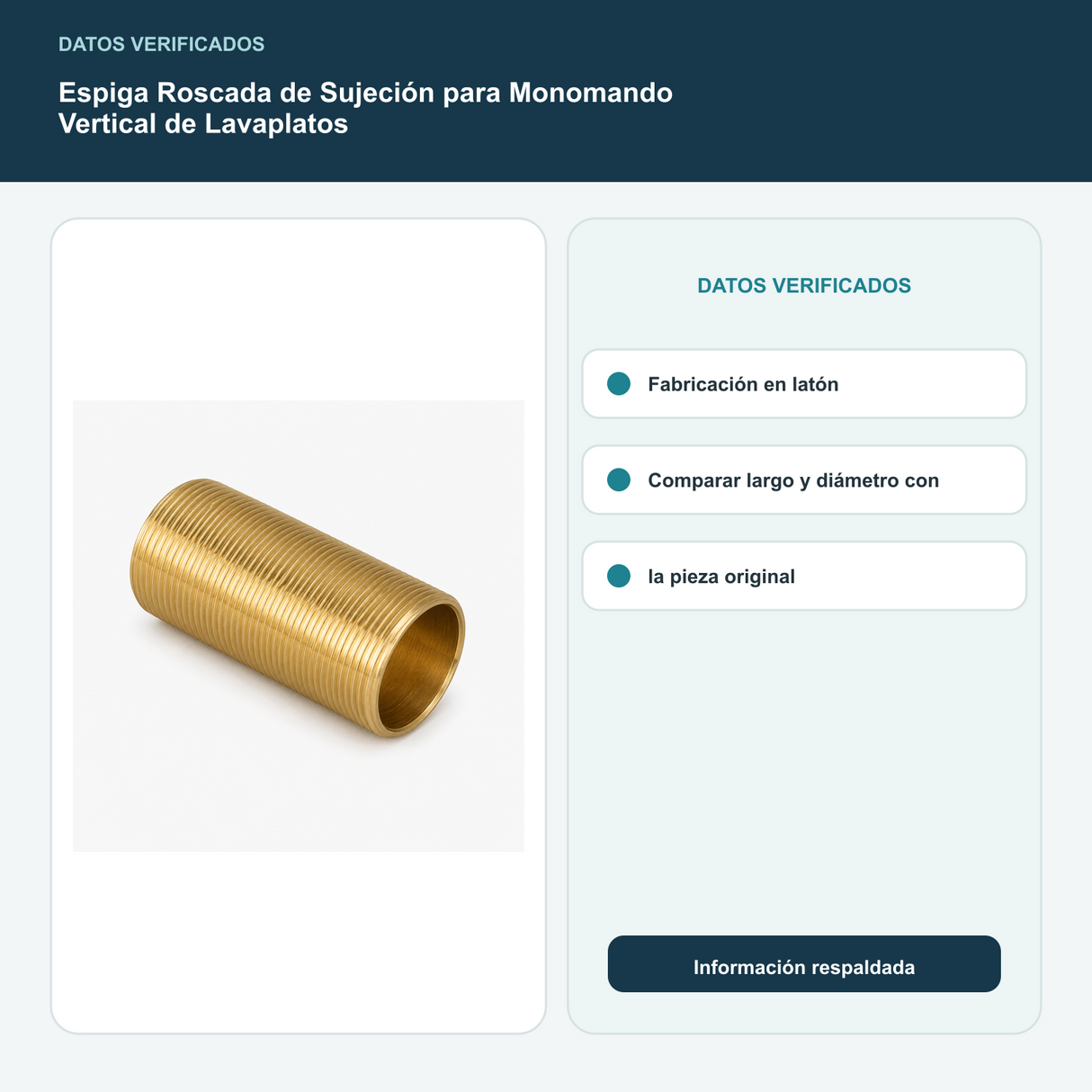 Espiga Roscada de Sujeción para Monomando Vertical de Lavaplatos - Fabricación en latón. Comparar largo y diámetro con la pieza original