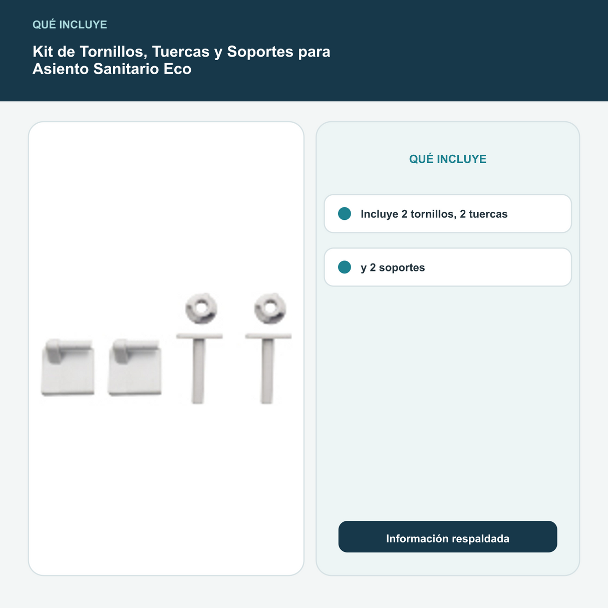 Kit de Tornillos, Tuercas y Soportes para Asiento Sanitario Eco - Incluye 2 tornillos, 2 tuercas y 2 soportes