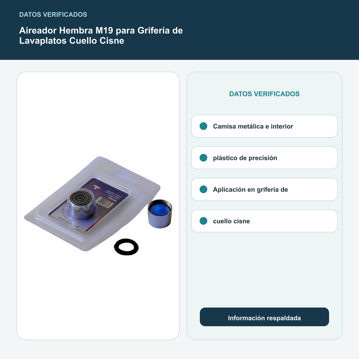 Aireador Hembra M19 para Grifería de Lavaplatos Cuello Cisne - Camisa metálica e interior plástico de precisión. Aplicación en grifería de cuello cisne