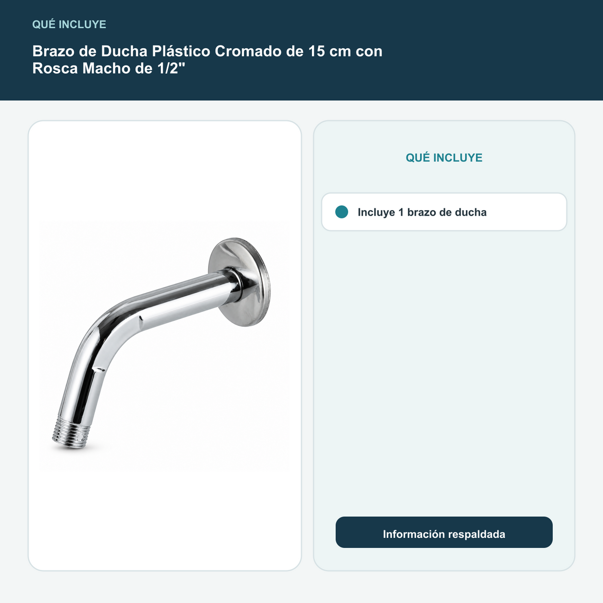 Brazo de Ducha Plástico Cromado de 15 cm con Rosca Macho de 1/2" - Incluye 1 brazo de ducha