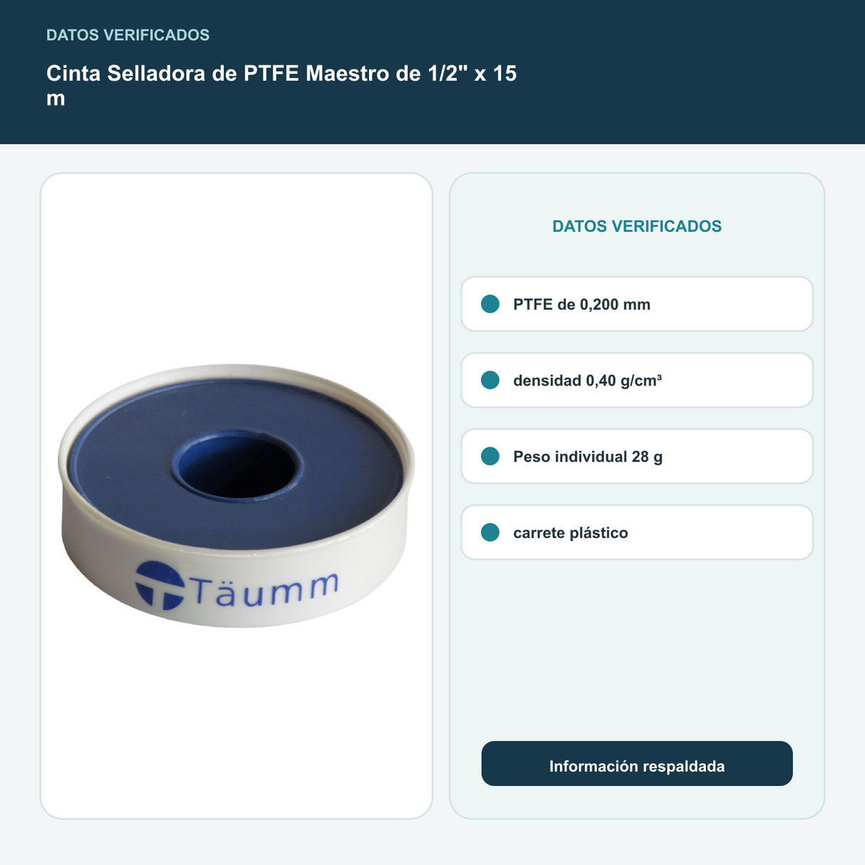 Cinta Selladora de PTFE Maestro de 1/2" x 15 m - PTFE de 0,200 mm; densidad 0,40 g/cm³. Peso individual 28 g; carrete plástico